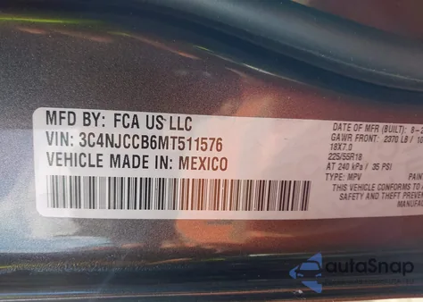 2021 Jeep Compass Limited Fwd z USA, uszkodzony, nr VIN 3C4NJCCB6MT511576